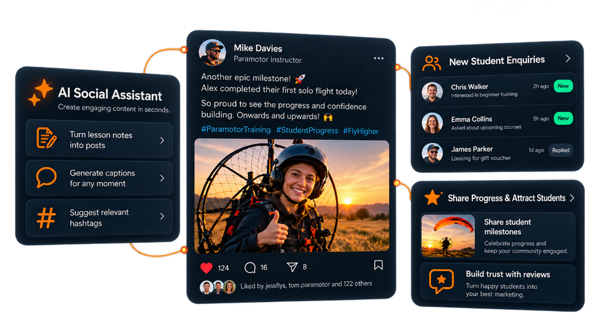 Instructor social tools: an AI post assistant, new student enquiries, and sharing student progress to attract the next booking.